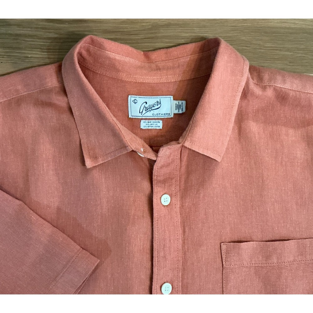 Grayers Linen‎ Hemp Shirt Mens 3XL Peach Orange Short Sleeve Button Up Summer